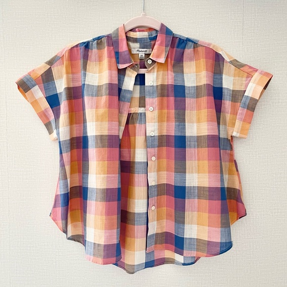 Madewell, Hilltop, Rainbow Madras Plaid, Boxy Shirt, Blue, Orange, Pink,… - Picture 2 of 14